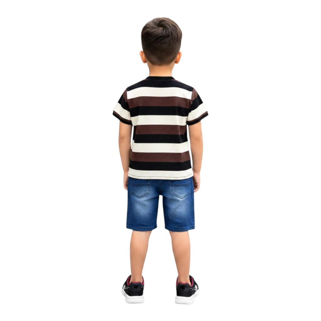 Mini & Mama boys' brown, black, and white striped t-shirt with denim shorts. Cotton t-shirt, blue denim shorts.