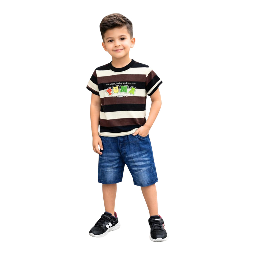 Mini & Mama Boys brown, black, white striped cotton t-shirt with graphic and blue denim shorts set.
