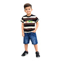 Mini & Mama Boys brown, black, white striped cotton t-shirt with graphic and blue denim shorts set.