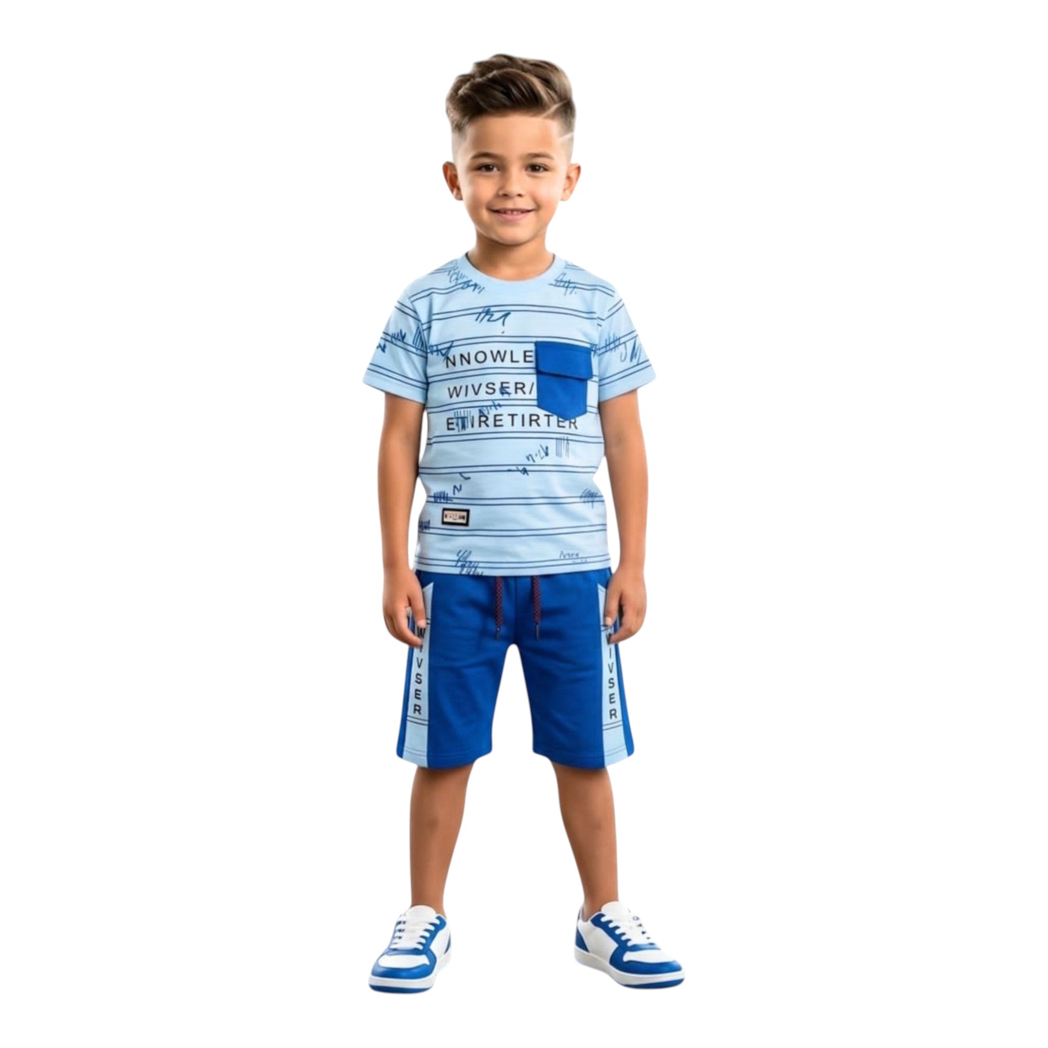 Mini & Mama boys light blue striped t-shirt with chest pocket and graphic text, paired with blue shorts with contrasting side panels.