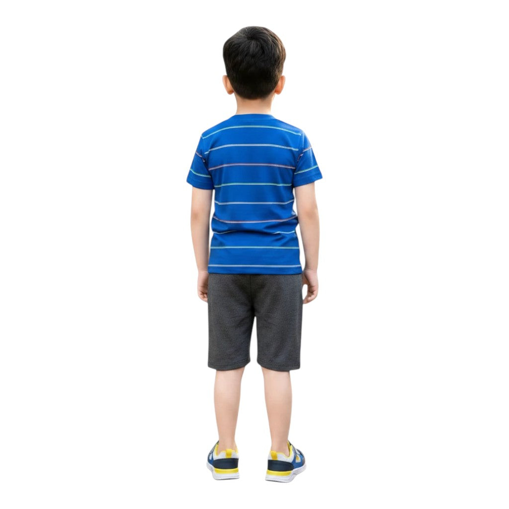 Mini & Mama boys blue striped t-shirt and charcoal grey shorts set. Short-sleeve tee with horizontal stripes and graphic print.