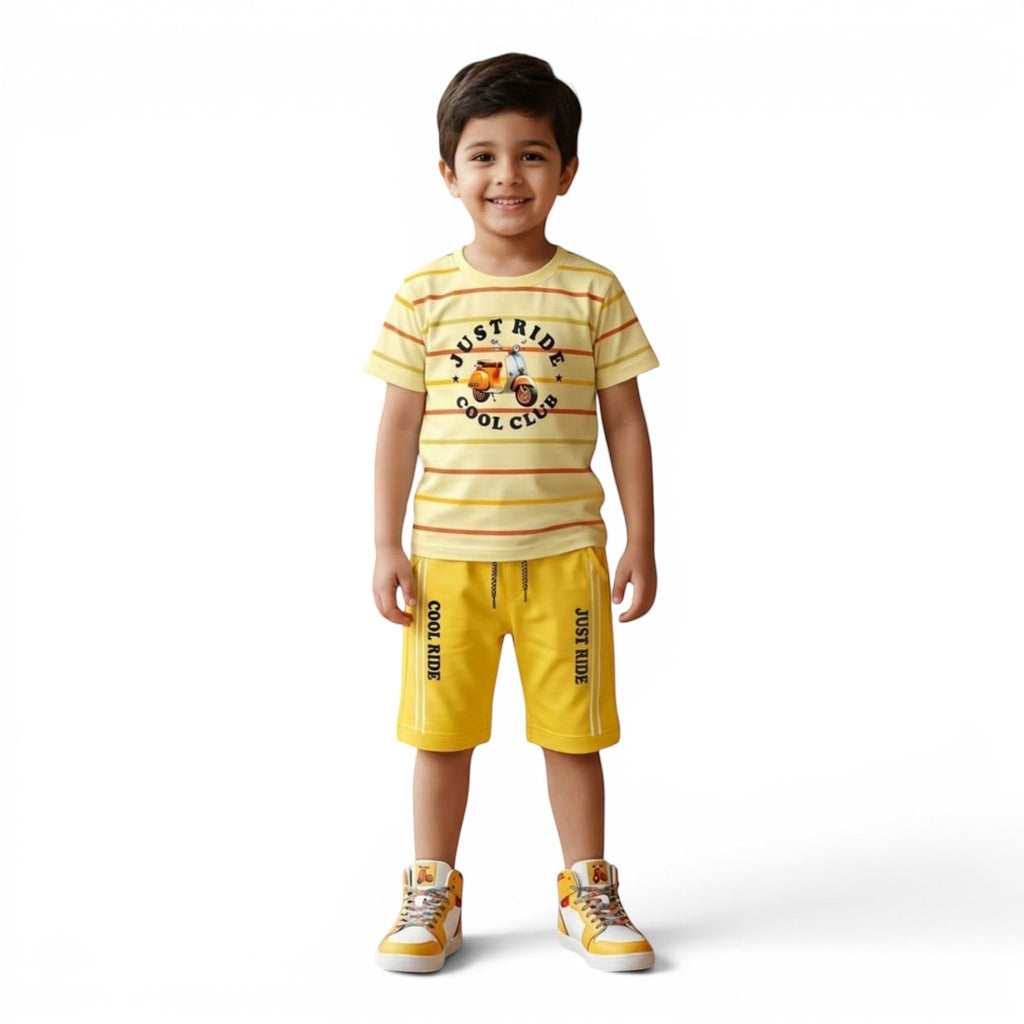 Mini & Mama Boys yellow striped t-shirt with scooter graphic and matching yellow shorts with side stripes.