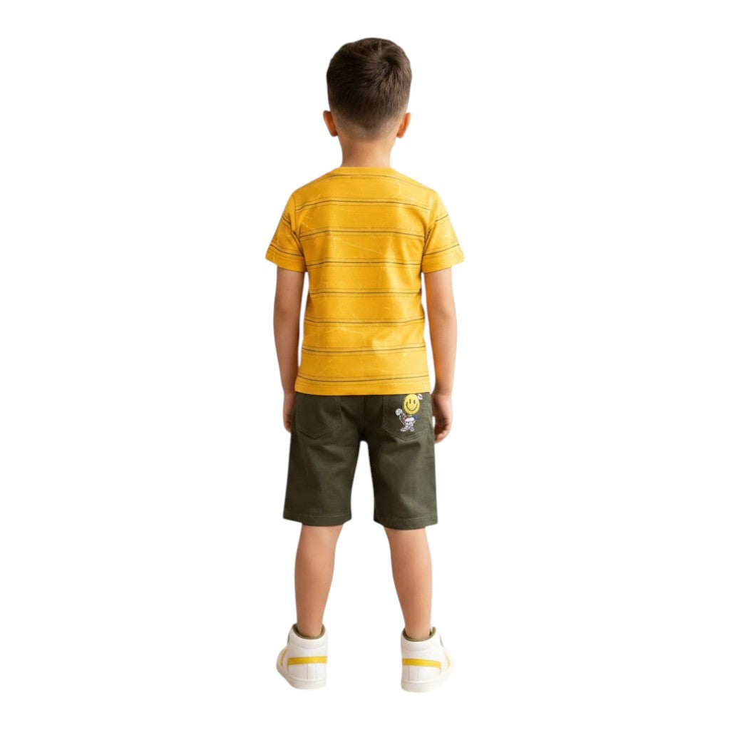 Mini & Mama boys yellow striped t-shirt with graphic detail and olive green shorts with pocket graphic.