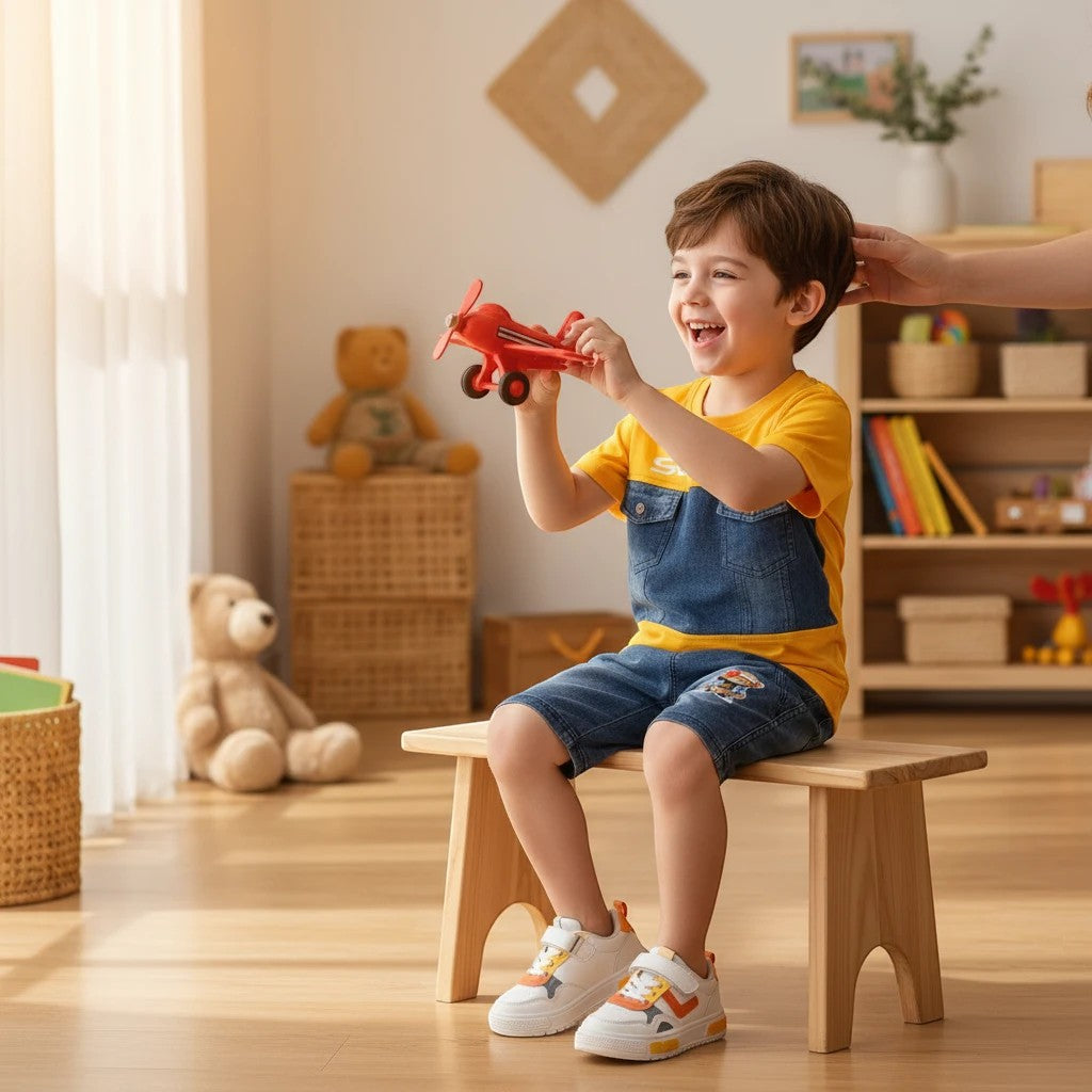 Mini & Mama boys' yellow t-shirt with denim overlay and matching denim shorts, featuring a teddy bear superhero.
