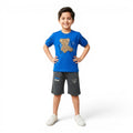 Mini & Mama boys royal blue t-shirt with teddy bear graphic and charcoal grey shorts with "BEAR" print.