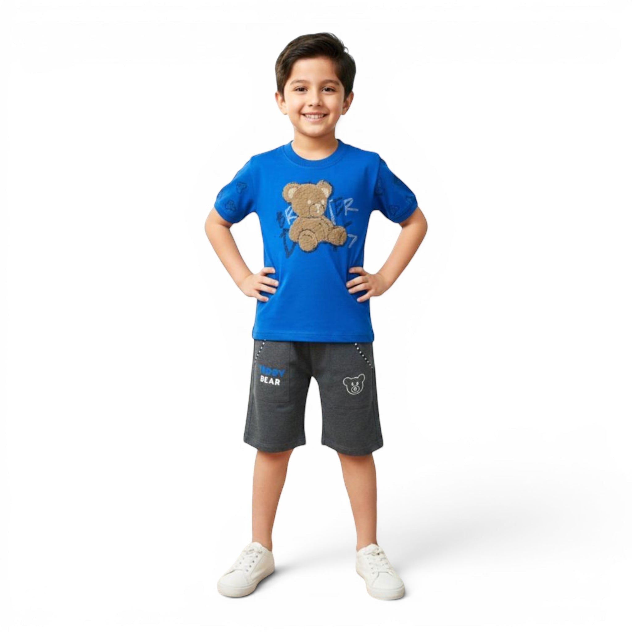 Mini & Mama boys royal blue t-shirt with teddy bear graphic and charcoal grey shorts with "BEAR" print.
