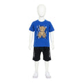 Mini & Mama Boys royal blue cotton t-shirt with teddy bear graphic and black shorts set. Features paint splatter accents.