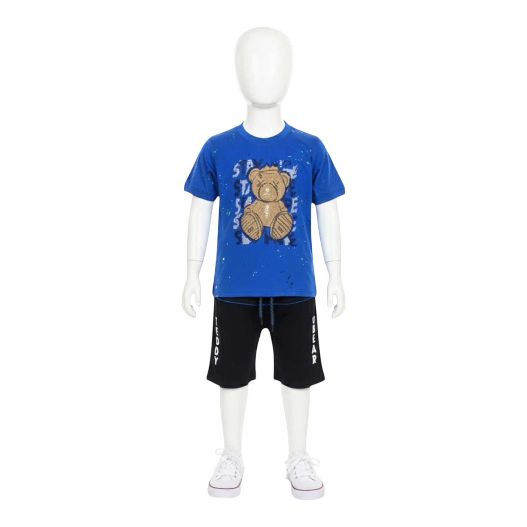 Mini & Mama Boys royal blue cotton t-shirt with teddy bear graphic and black shorts set. Features paint splatter accents.