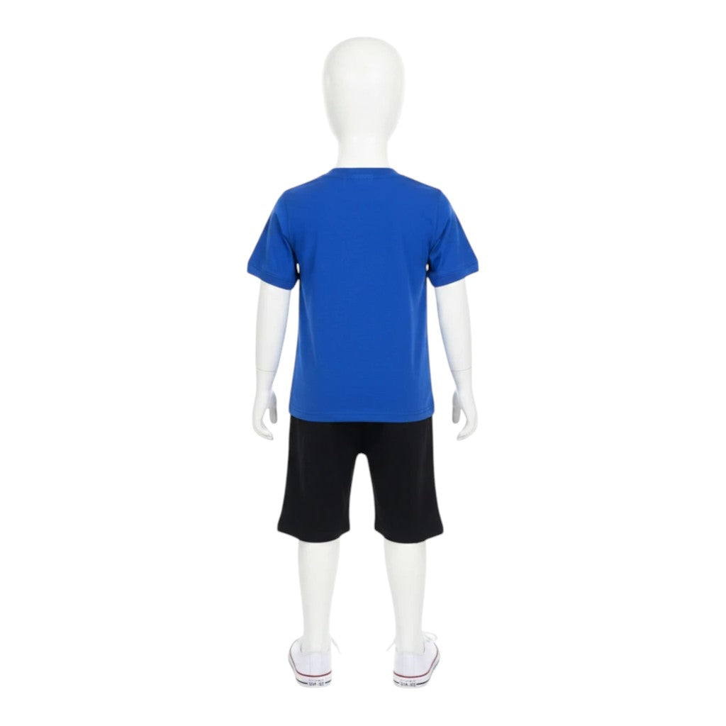 Mini & Mama boys' royal blue cotton t-shirt with teddy bear graphic and black shorts set. Features paint splatters and "SPACE STARS" text.