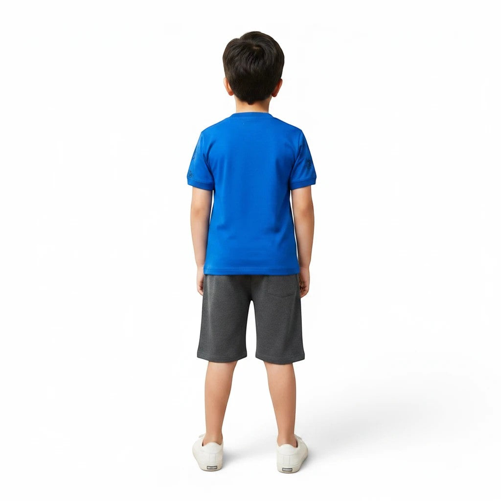 Mini & Mama Boys royal blue t-shirt with teddy bear graphic and charcoal grey shorts set.