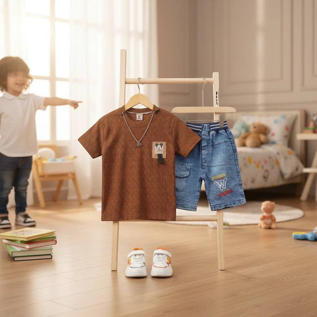 Mini & Mama boys' brown textured t-shirt with Mickey Mouse graphic and blue denim shorts with graphic details.