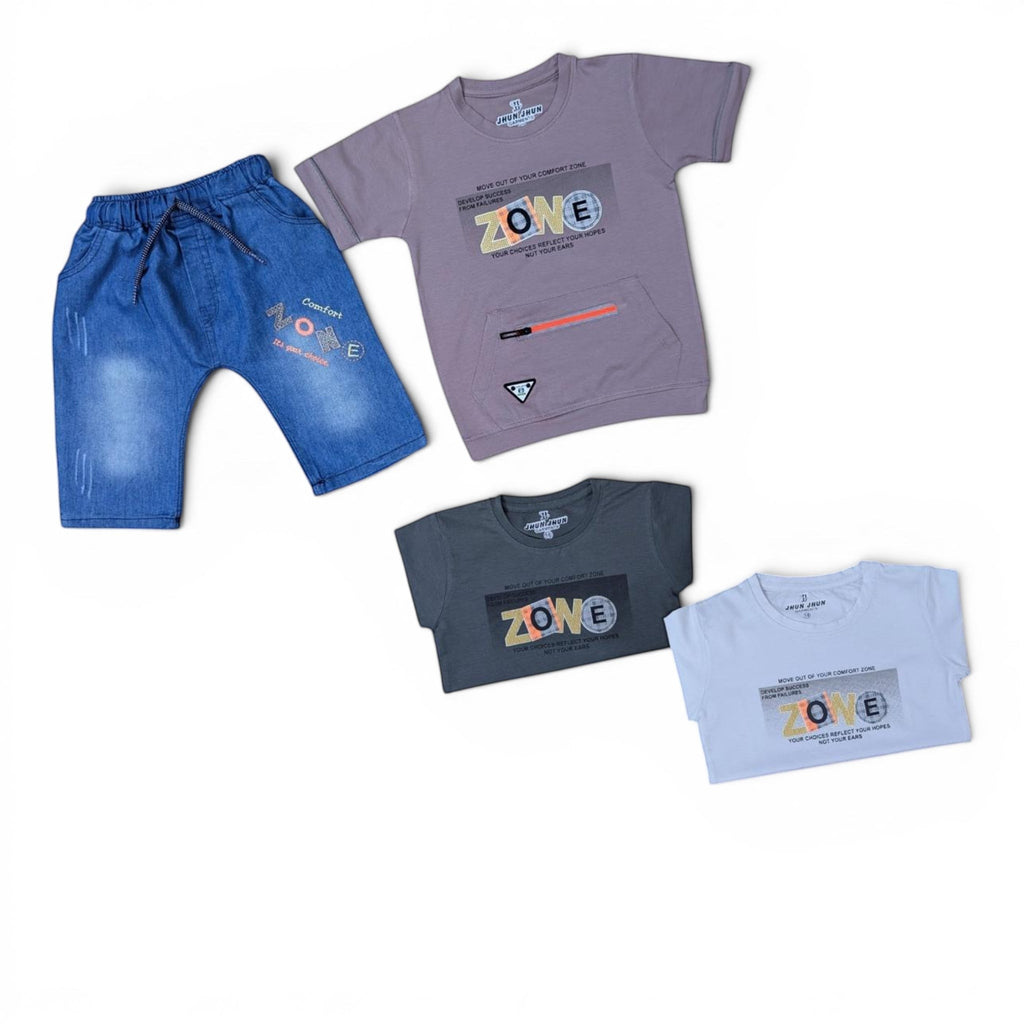 Mini & Mama Boys' T-Shirt and Denim Shorts Set. Grey, taupe, and white t-shirts with graphic print and denim shorts with drawstring waist.