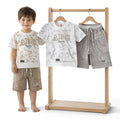 Mini & Mama boys' beige and grey tie-dye t-shirt and shorts set with ABC print. Features a front pocket and drawstring waist.
