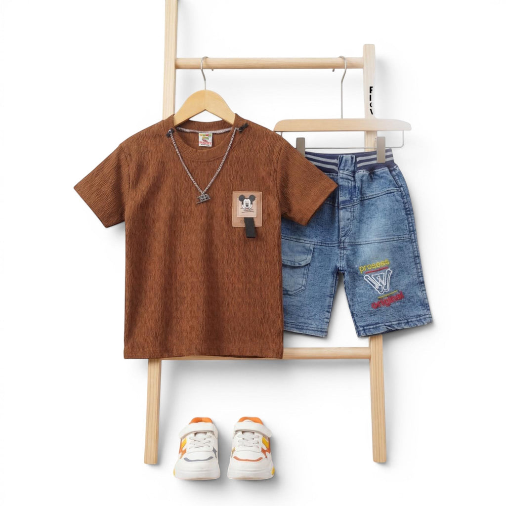 Mini & Mama boys' brown textured t-shirt with Mickey Mouse graphic and blue denim shorts set.