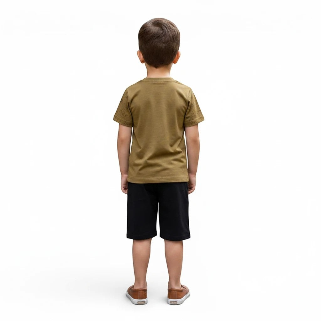 Mini & Mama boys olive green cotton t-shirt with turtle graphic and black shorts set