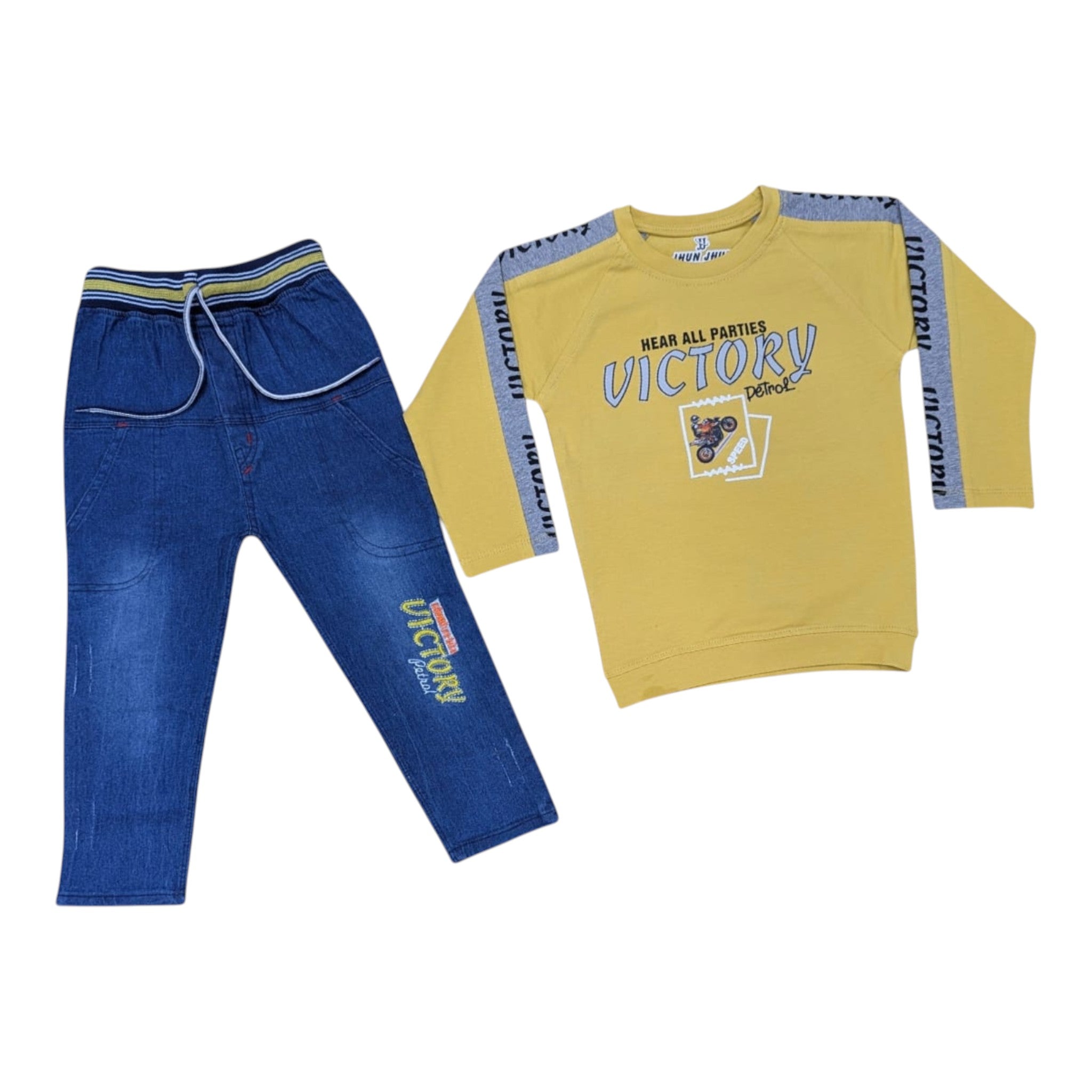 Mini & Mama Boys yellow long sleeve shirt with "Victory" motorcycle graphic and blue jeans. Set includes graphic shirt and denim pants.