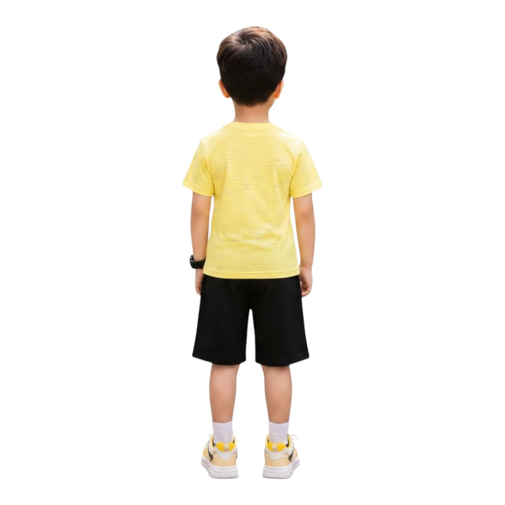 Mini & Mama boys yellow textured t-shirt with graphic print and black shorts set