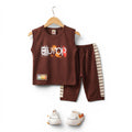 Mini & Mama brown sleeveless graphic t-shirt and shorts set with elastic waistband and side stripes. Cotton blend.