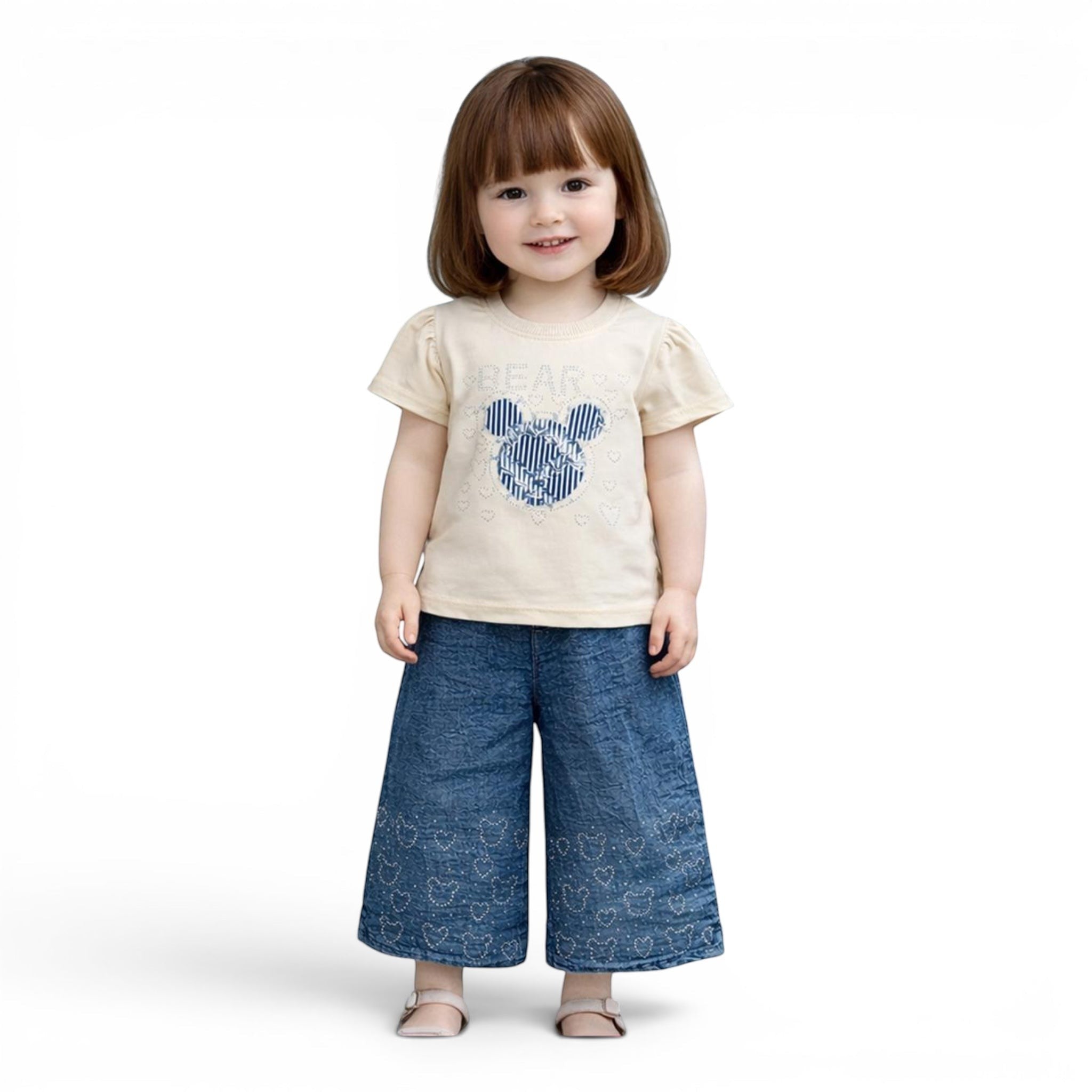 Mini & Mama girls cream t-shirt with bear graphic and puff sleeves, paired with blue denim wide-leg pants with heart and bear embroidery.