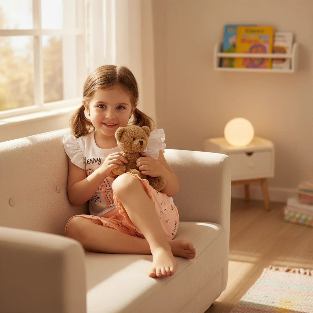 Mini & Mama Girls Cherry Candy Pajama Set: white t-shirt with teddy bear graphic and ruffled sleeves, peach shorts with candy print.