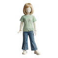 Mini & Mama light mint green graphic tee with subtle sparkle design and blue denim flare jeans with bow details for girls.