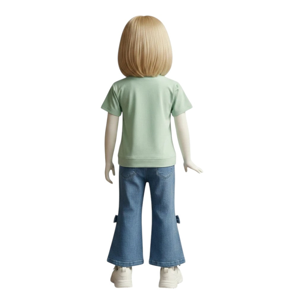 Mini & Mama Girls' light mint green graphic tee and blue denim flare jeans with bow details.