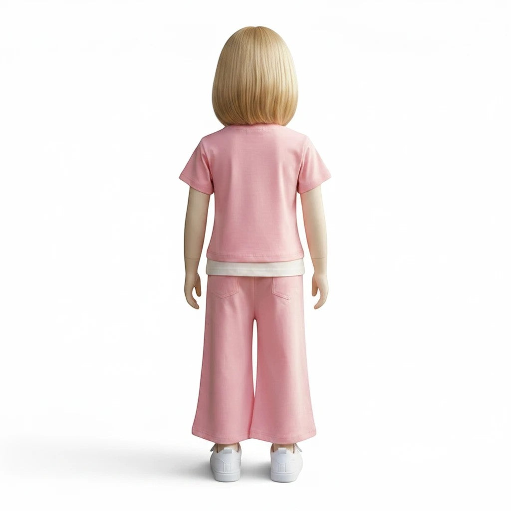 Mini & Mama Girls pink butterfly embellished top with pearl trim and wide leg pants set. Comfortable and chic.