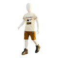 Mini & Mama cream graphic t-shirt with "GRAFFITI BOY" print and brown shorts. Short sleeves, relaxed fit.