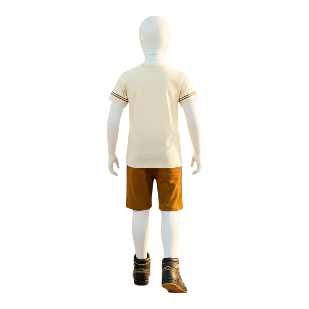 Mini & Mama cream graphic t-shirt with brown sleeve stripes and brown shorts set.