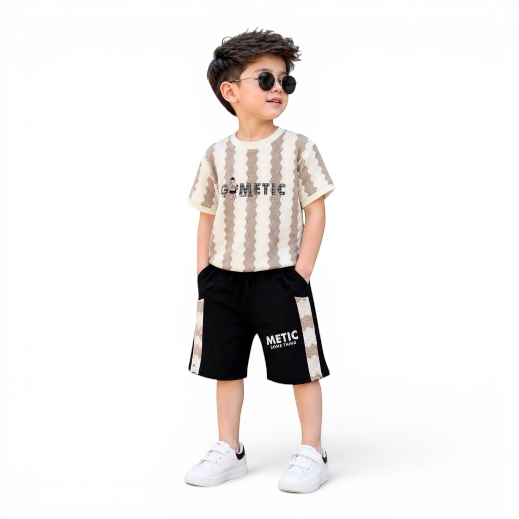 Mini & Mama Kids beige and brown geometric print t-shirt with black shorts set. Features text graphics.