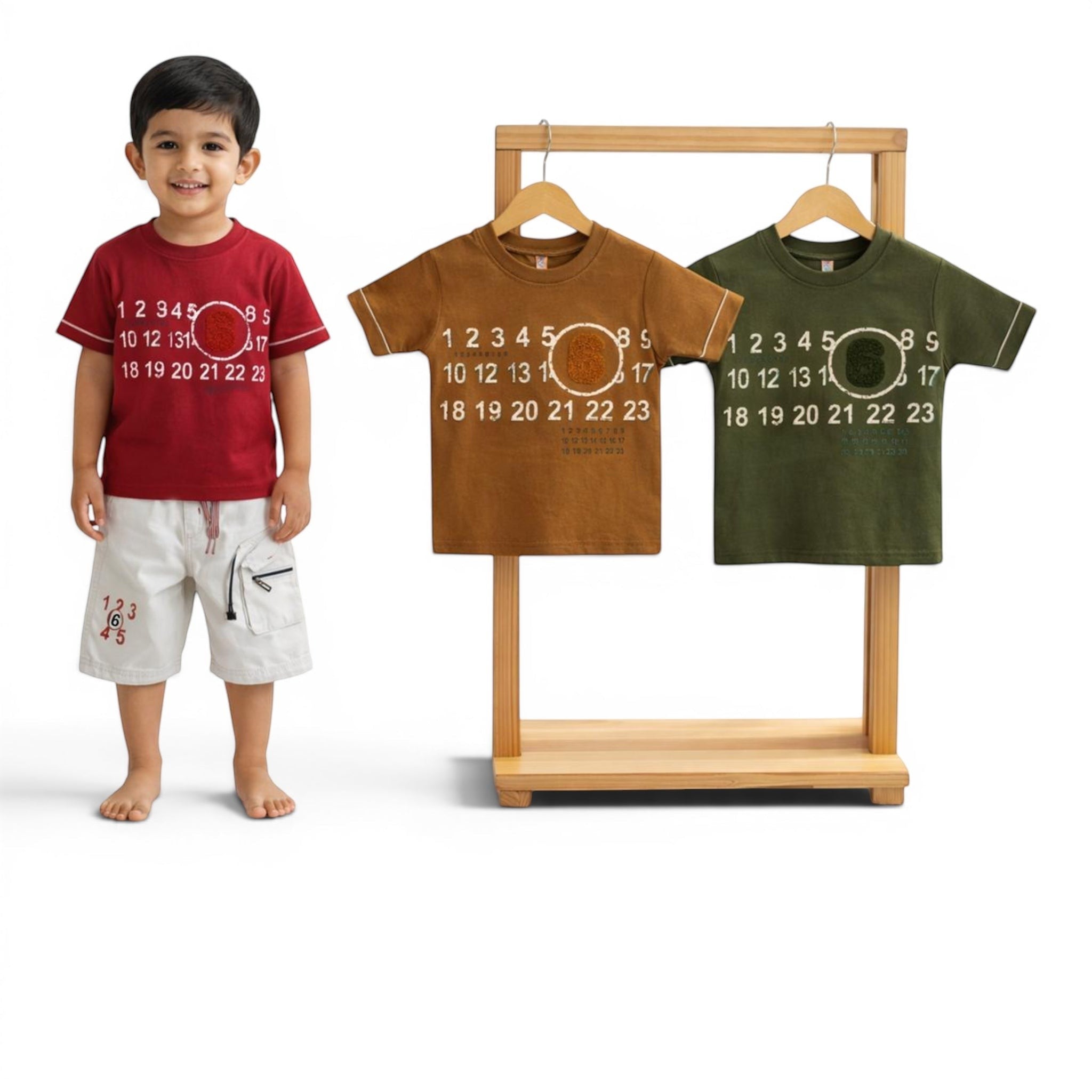 Mini & Mama kids' cotton t-shirt set in maroon, brown, and olive green featuring graphic number print and circular design.