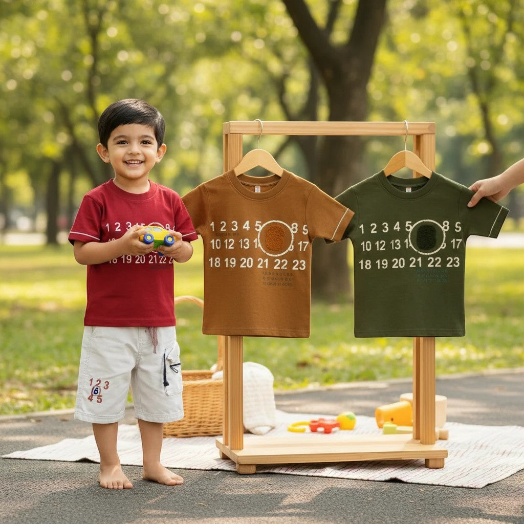 Mini & Mama kids graphic print cotton t-shirts in maroon, brown, and olive green. Features number print and circular design.