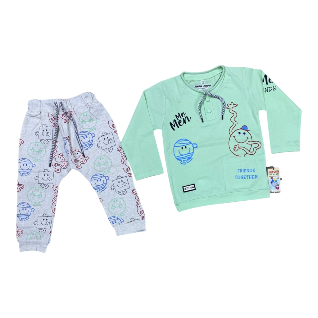 Mini & Mama mint green long sleeve top with Mr. Men graphic print and grey pants with character print. Cotton blend.