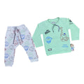 Mini & Mama mint green long sleeve top with Mr. Men graphic print and grey pants with character print. Cotton blend.