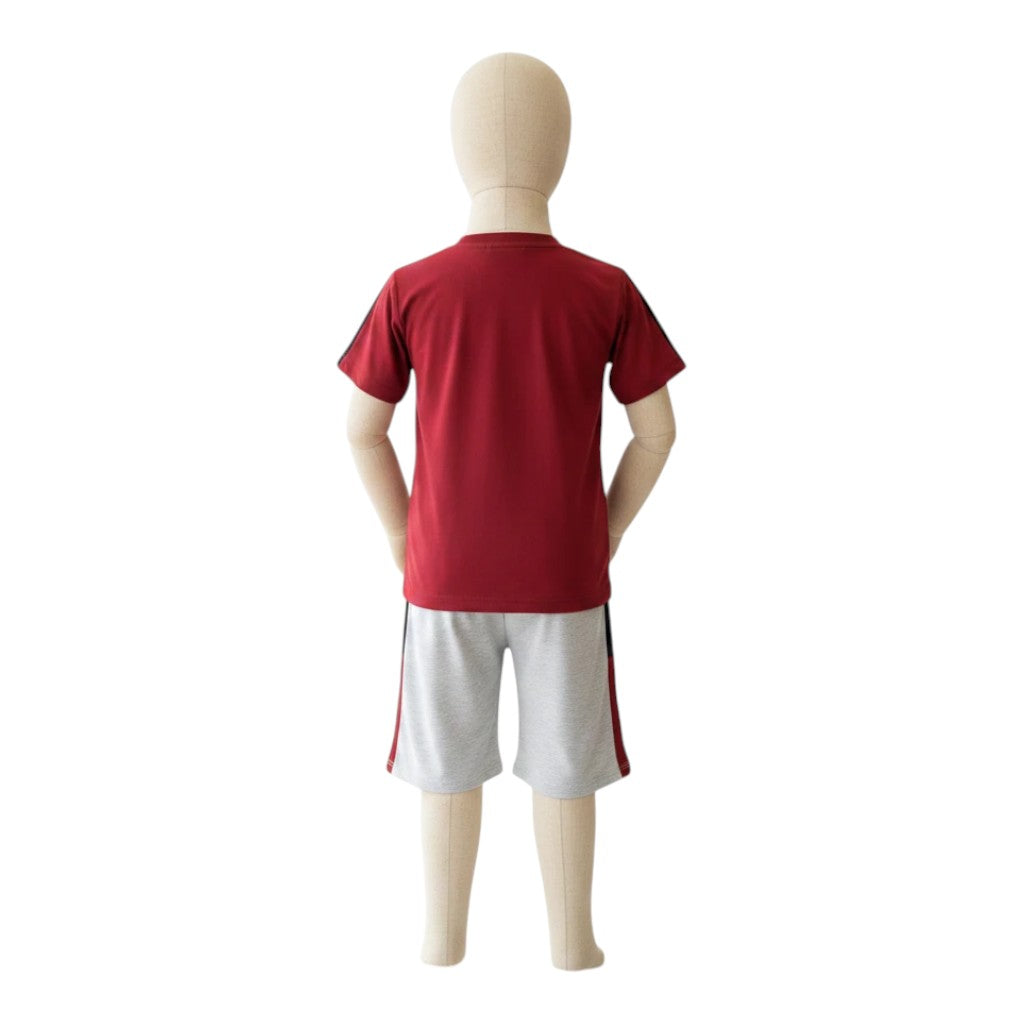 Mini & Mama maroon graphic t-shirt with black sleeve stripes and heather grey shorts with side stripes.