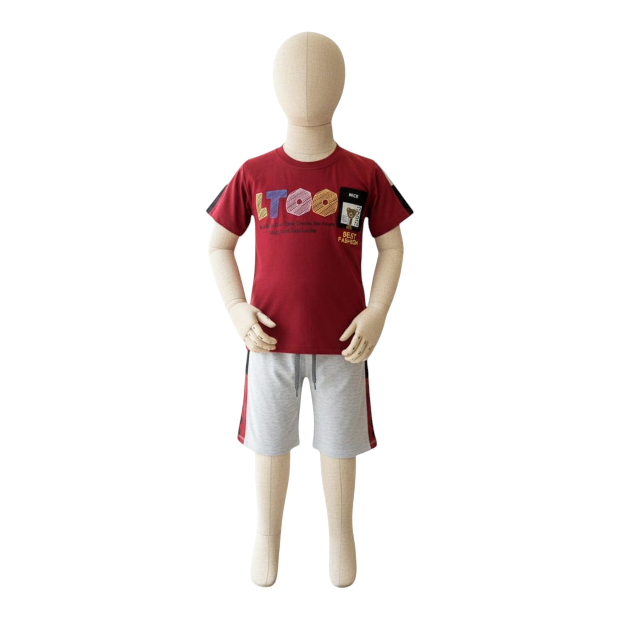 Mini & Mama maroon graphic t-shirt with black sleeve stripes and grey drawstring shorts with side stripes.