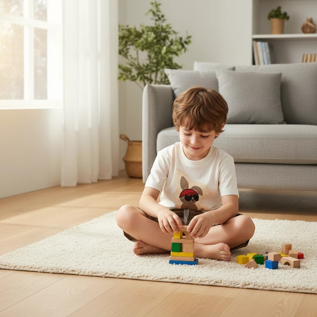 Mini & Mama cream graphic t-shirt with bunny and brown patterned shorts set. Boy playing with blocks.