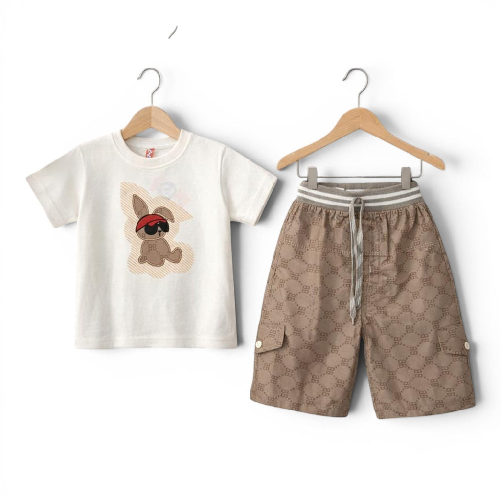Mini & Mama cream graphic t-shirt with bunny and brown patterned shorts with cargo pockets.