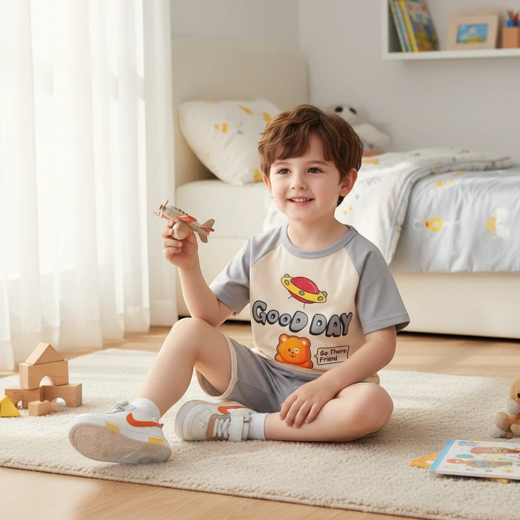 Mini & Mama kids graphic t-shirt and shorts set with bear and UFO. Beige and grey.