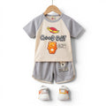 Mini & Mama kids graphic t-shirt and shorts set in beige and grey with bear and UFO print. Features raglan sleeves and elastic waistband.
