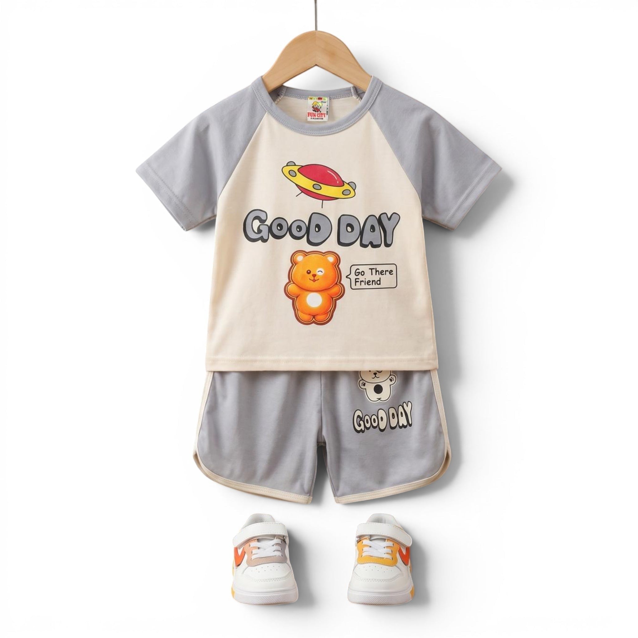 Mini & Mama kids graphic t-shirt and shorts set in beige and grey with bear and UFO print. Features raglan sleeves and elastic waistband.