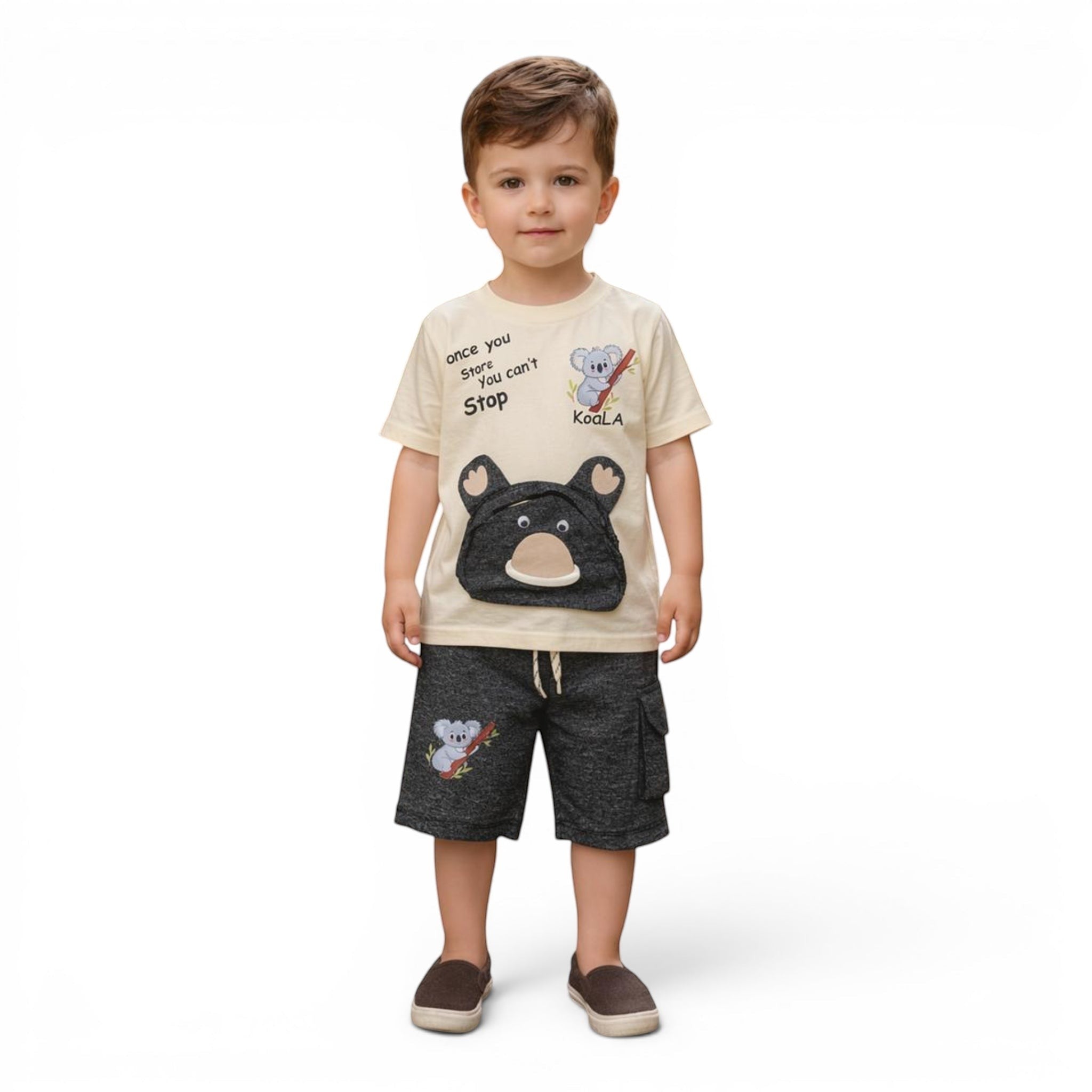 Mini & Mama cream t-shirt with koala graphic and charcoal grey cargo shorts set for kids. Features drawstring waist and multiple pockets.