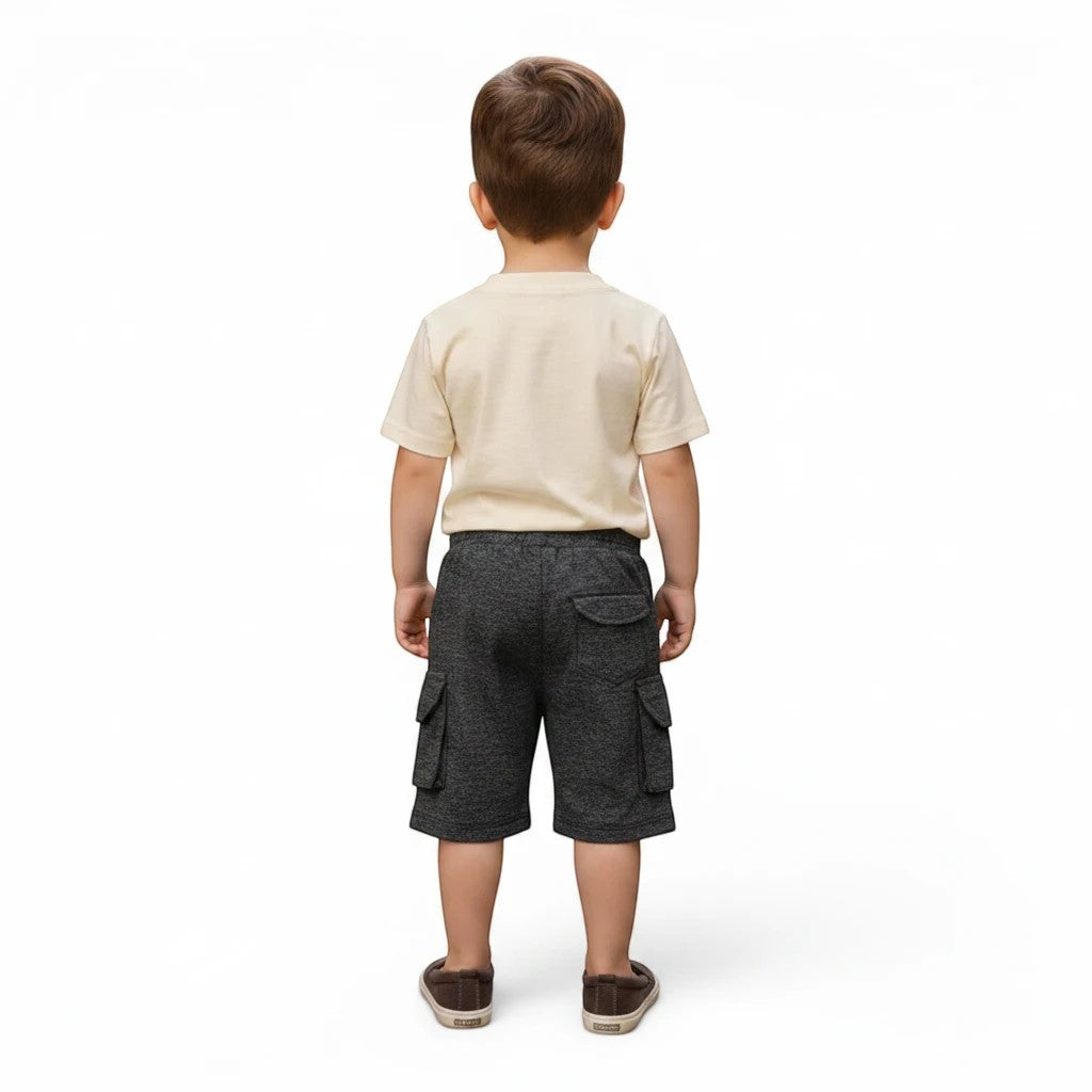 Mini & Mama cream t-shirt with koala graphic and charcoal grey cargo shorts with pockets.