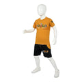 Mini & Mama kids mustard yellow t-shirt with POLO graphic and black shorts with POLO logo.