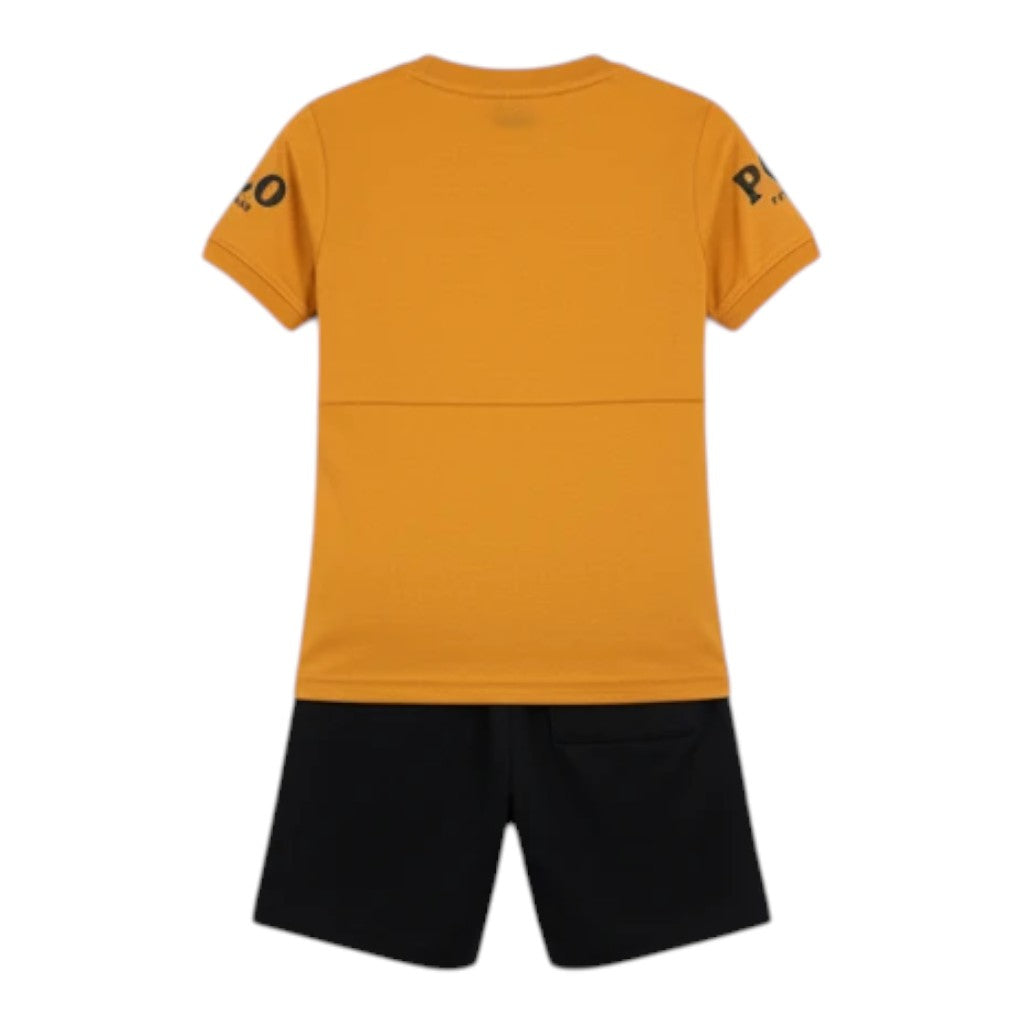 Mini & Mama kids mustard yellow t-shirt with black shorts set. T-shirt has "POLO" graphic and "TEAM" detail. Shorts have elastic waistband.