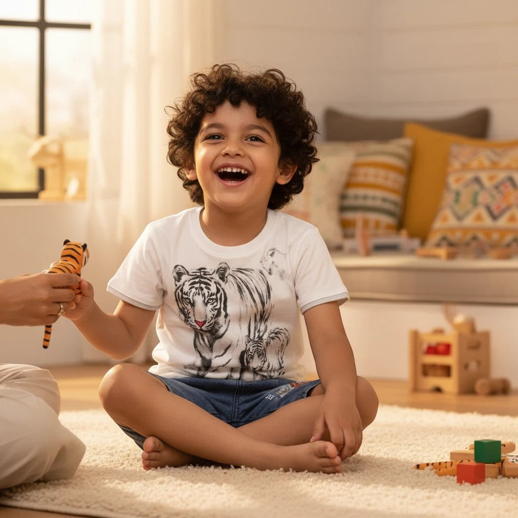 Mini & Mama white cotton t-shirt with tiger graphic and blue denim shorts set for kids.
