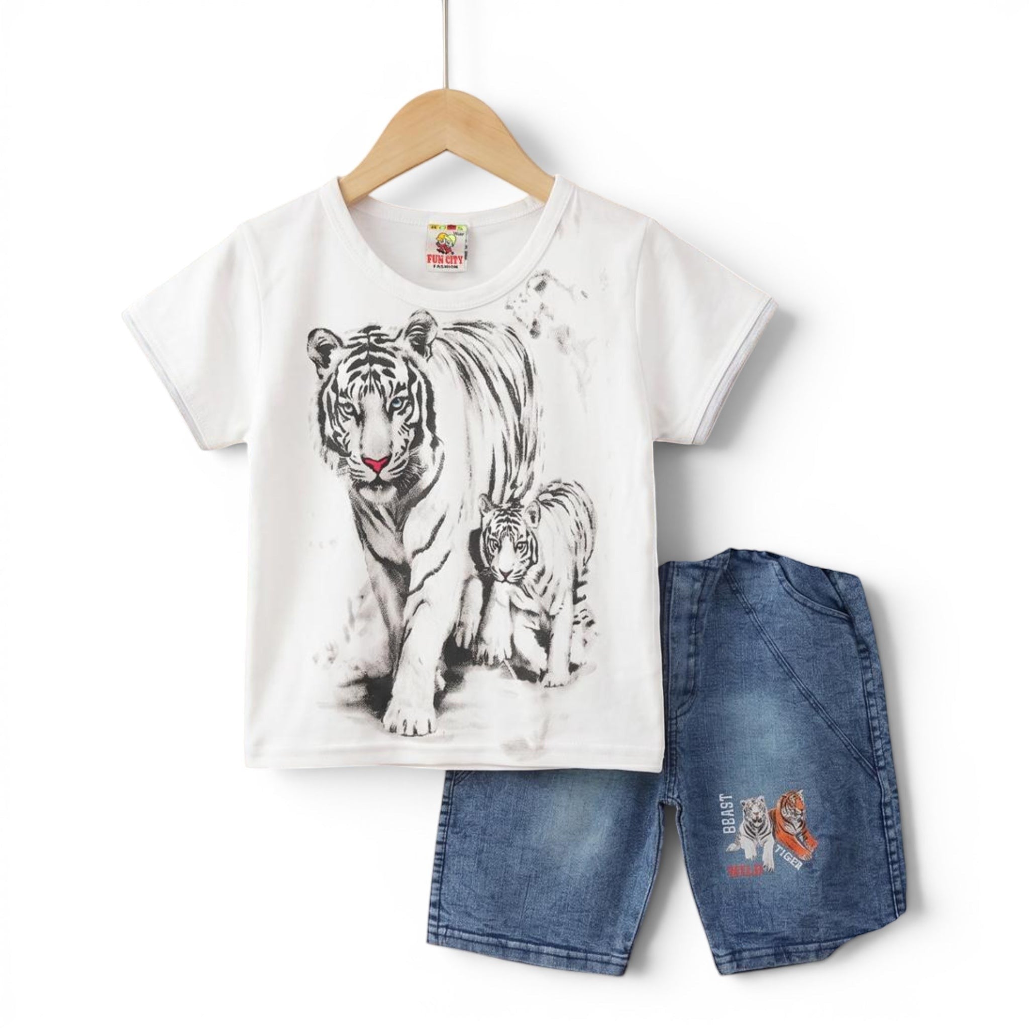 Mini & Mama white cotton t-shirt with tiger graphic and blue denim shorts set for kids.