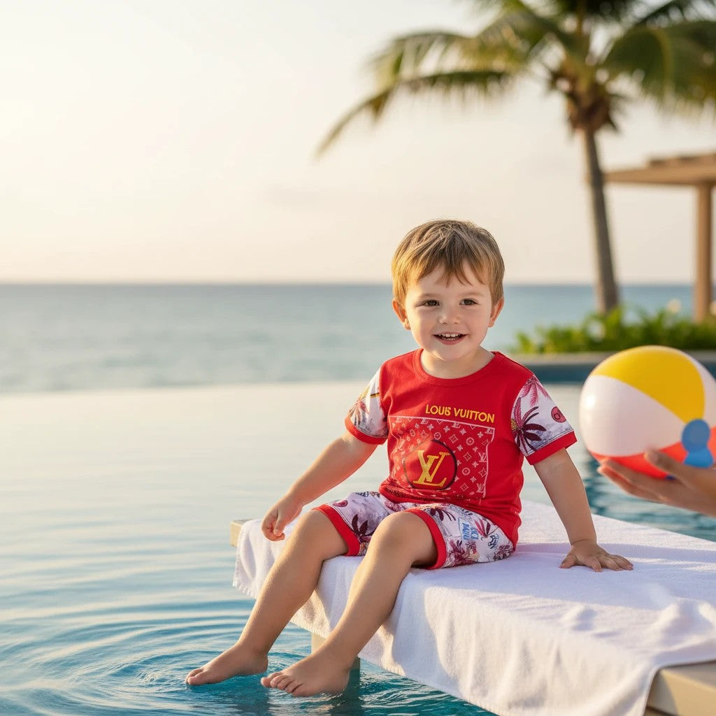 Mini & Mama Louis Vuitton Kids Beachwear Set: red t-shirt with monogram and palm print sleeves, matching shorts. Boy sitting by pool.