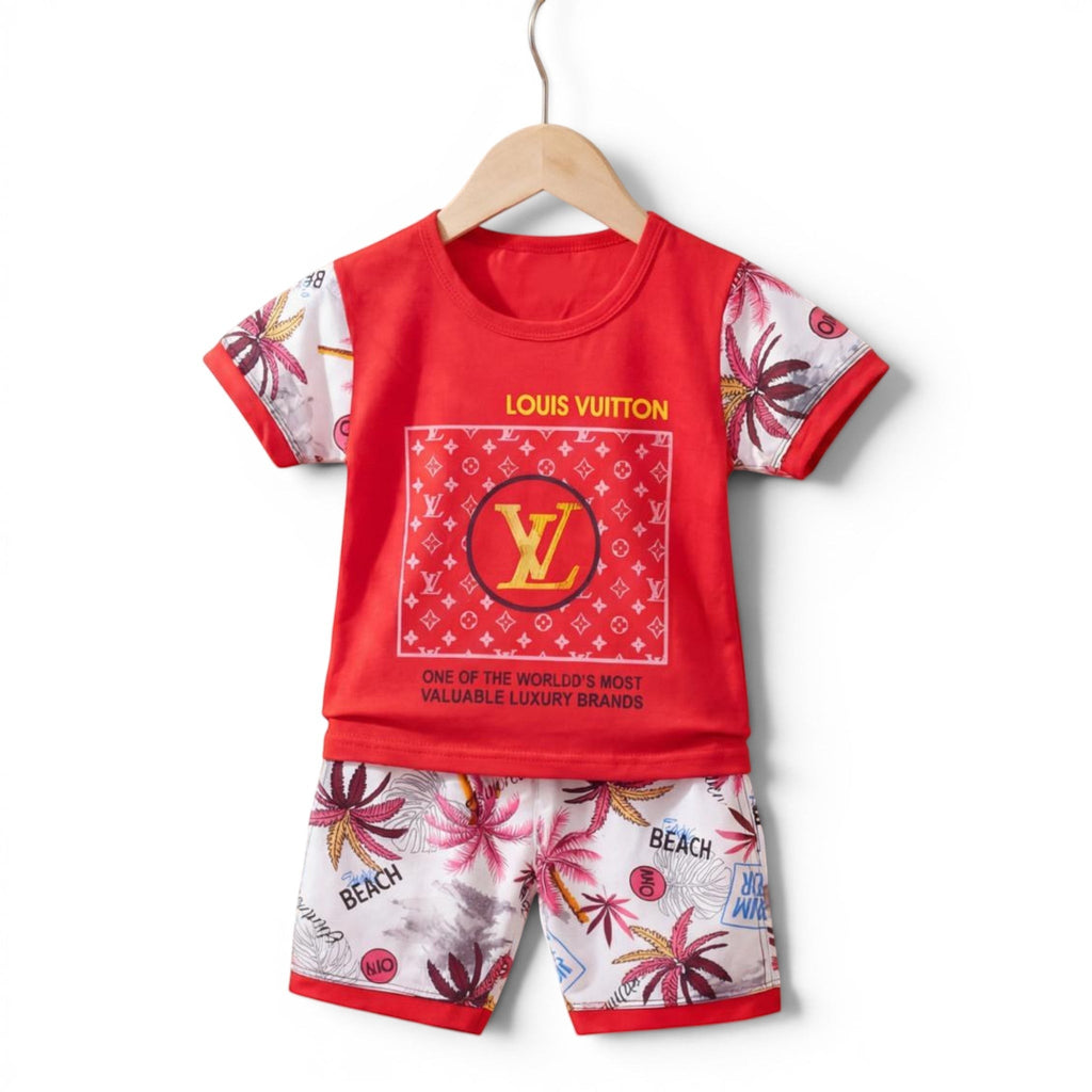 Mini & Mama red t-shirt and shorts set for kids with Louis Vuitton monogram and tropical palm print.