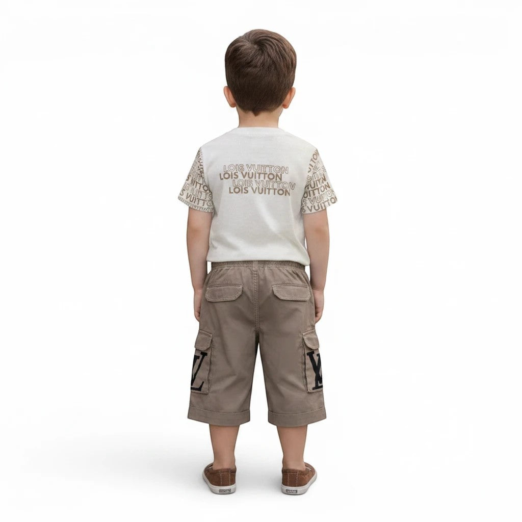 Mini & Mama beige cotton blend Louis Vuitton logo t-shirt and cargo shorts set for kids.